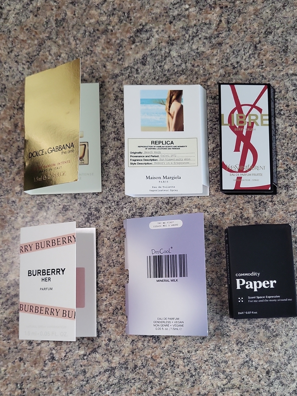Perfume Sample Card Lot with Gold, White, Black, Pink & Lavender Packaging
